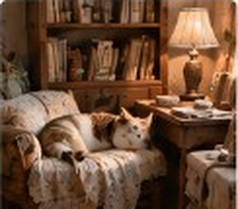 Кот на кресле у книжного шкафа